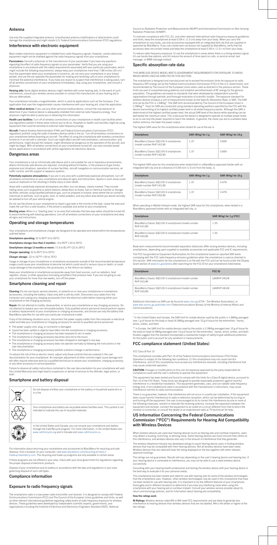 Antenna, Interference with electronic equipment, Dangerous areas | Operating and storage temperatures, Smartphone cleaning and repair, Smartphone and battery disposal, Specific absorption rate data, Fcc compliance statement (united states) | Blackberry Classic User Manual | Page 2 / 3