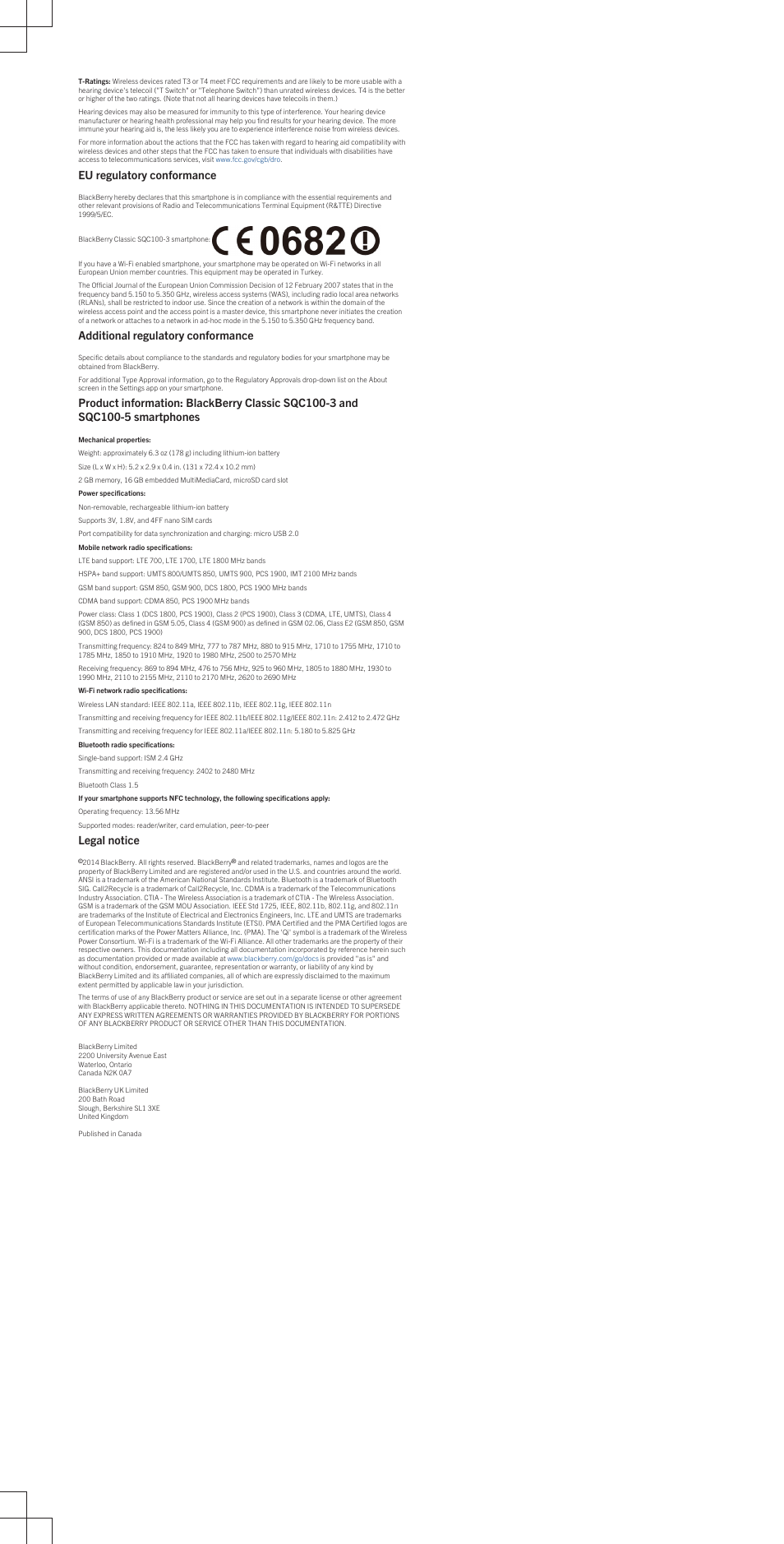 Eu regulatory conformance, Additional regulatory conformance, Legal notice | Blackberry Classic User Manual | Page 3 / 3