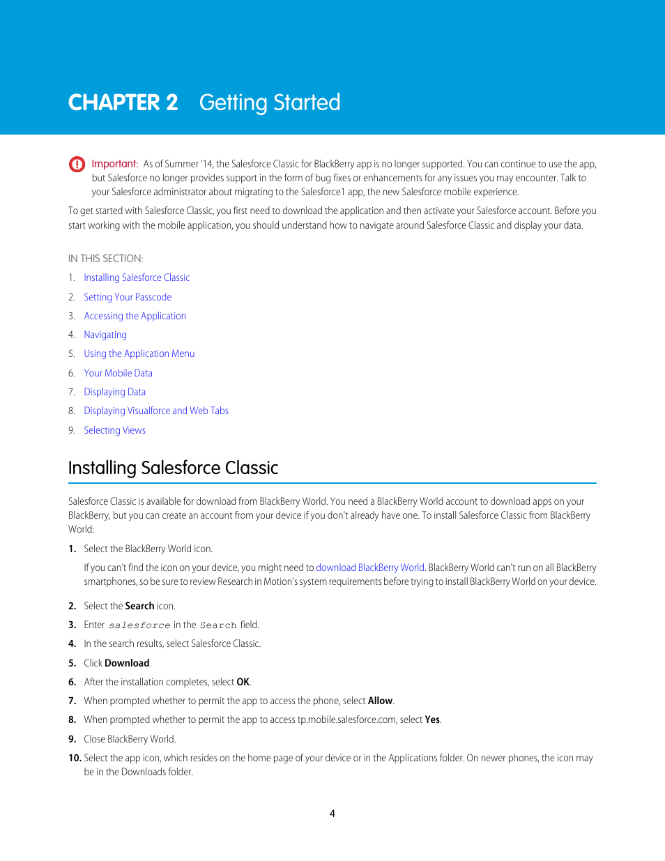 Getting started, Installing salesforce classic, Chapter 2: getting started | Chapter 2 getting started | Blackberry Classic User Manual | Page 10 / 57