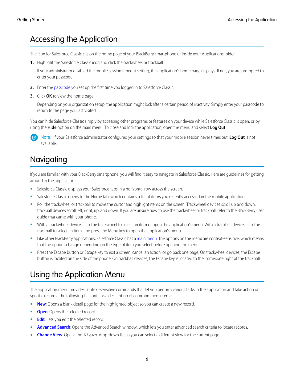 Accessing the application, Navigating, Using the application menu | Blackberry Classic User Manual | Page 12 / 57