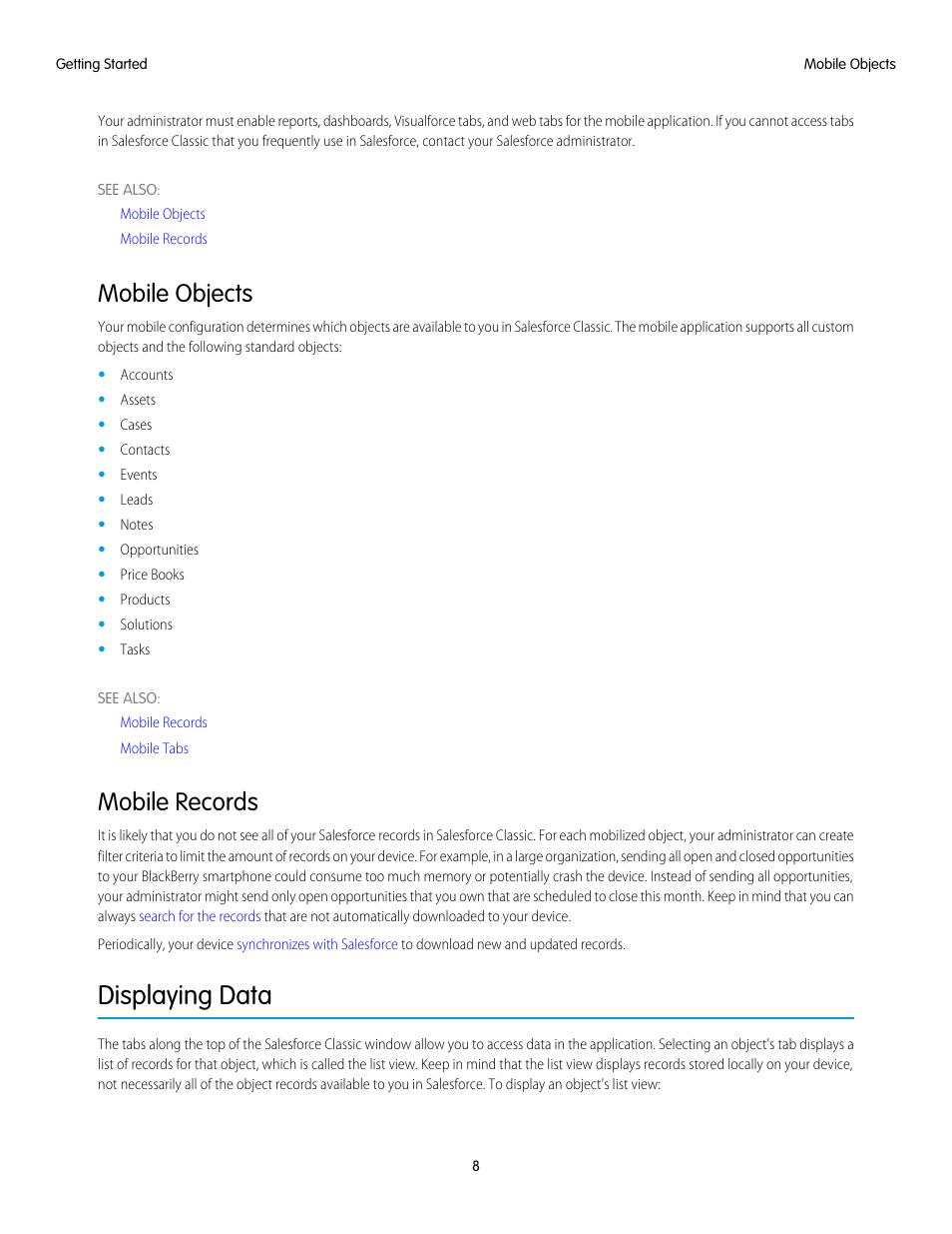 Mobile objects, Mobile records, Displaying data | Objects, Records, Standard and custom object tabs | Blackberry Classic User Manual | Page 14 / 57