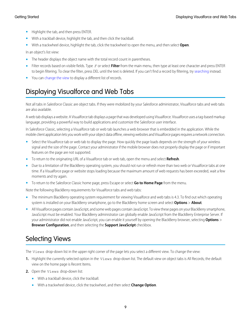 Displaying visualforce and web tabs, Selecting views, Change view | Web and visualforce tabs | Blackberry Classic User Manual | Page 15 / 57