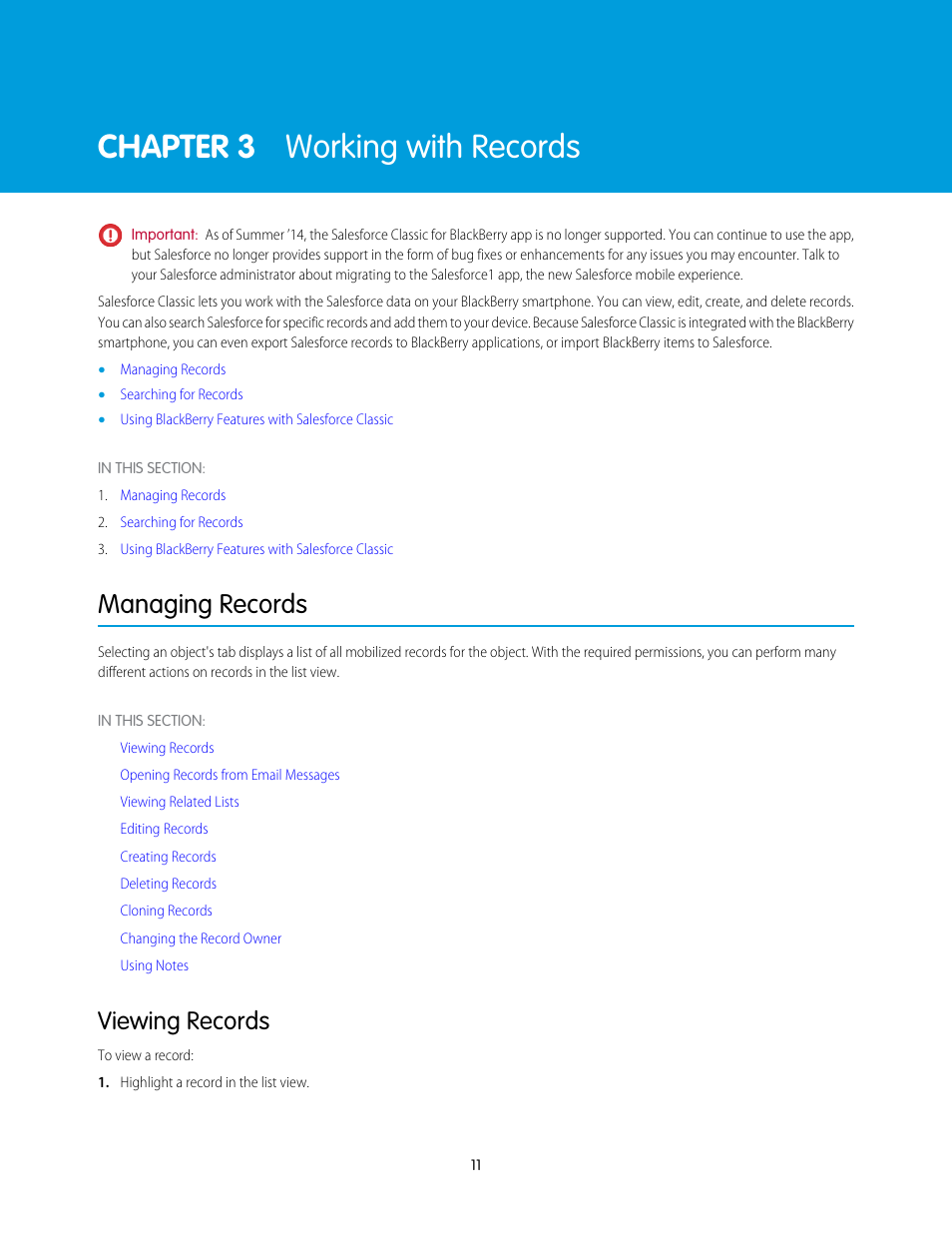 Working with records, Managing records, Viewing records | Chapter 3: working with records, Open, Opens the selected record, Chapter 3 working with records | Blackberry Classic User Manual | Page 17 / 57