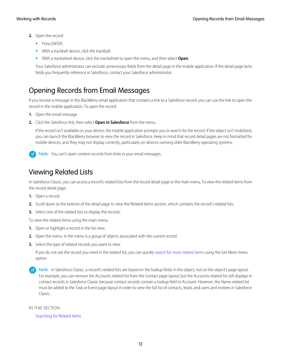 Opening records from email messages, Viewing related lists | Blackberry Classic User Manual | Page 18 / 57