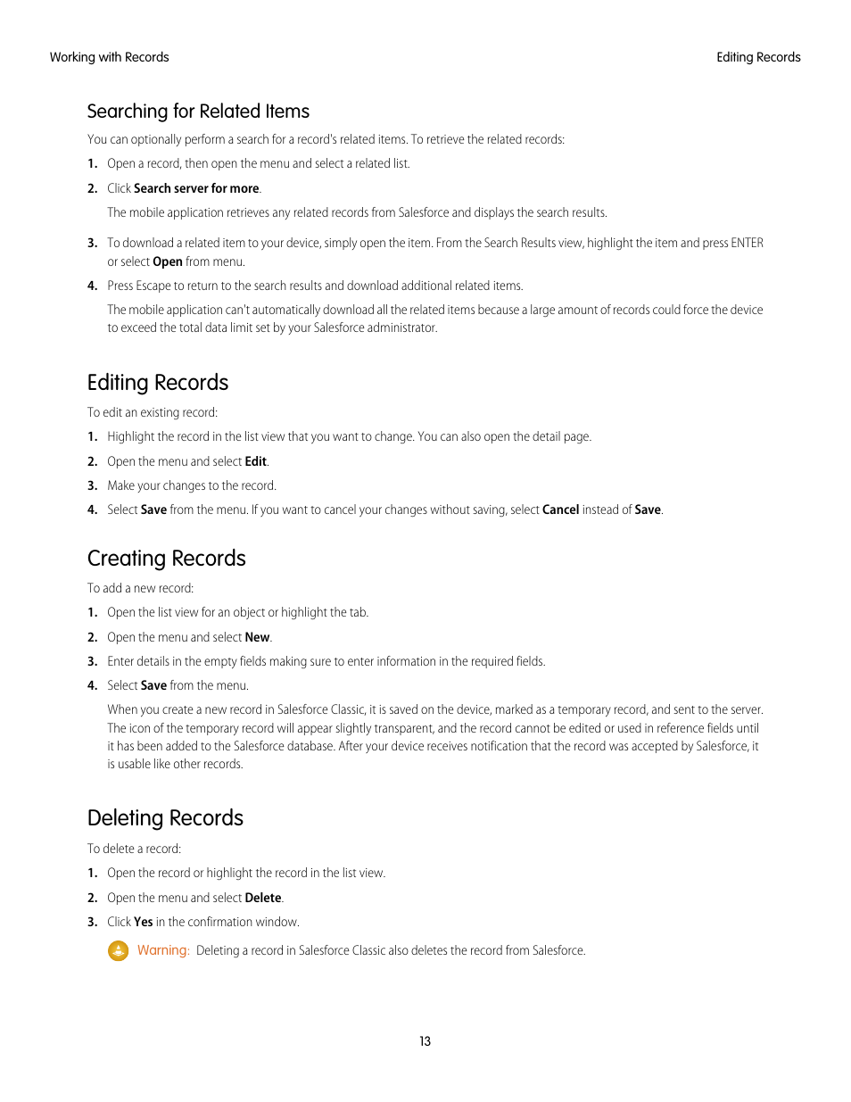 Searching for related items, Editing records, Creating records | Deleting records, Edit | Blackberry Classic User Manual | Page 19 / 57