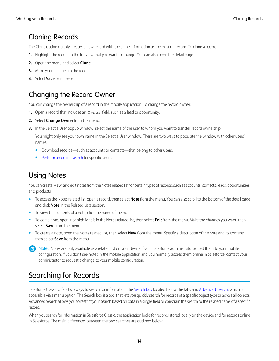 Cloning records, Changing the record owner, Using notes | Searching for records, Always, Search for the records, Searching | Blackberry Classic User Manual | Page 20 / 57