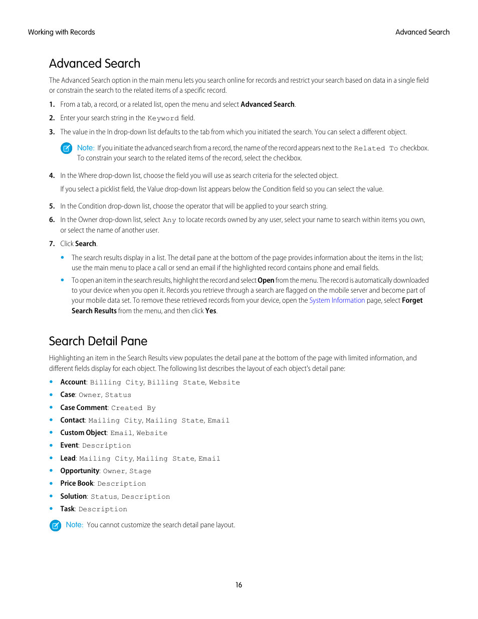 Advanced search, Search detail pane, Located below the tabs and | Detail pane, At the bottom of | Blackberry Classic User Manual | Page 22 / 57