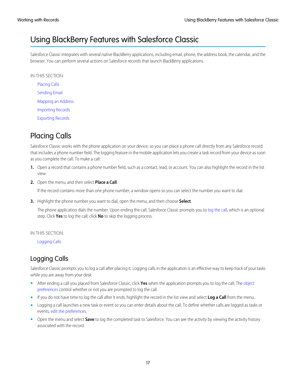 Using blackberry features with salesforce classic, Placing calls, Logging calls | Place a call, Log a call | Blackberry Classic User Manual | Page 23 / 57