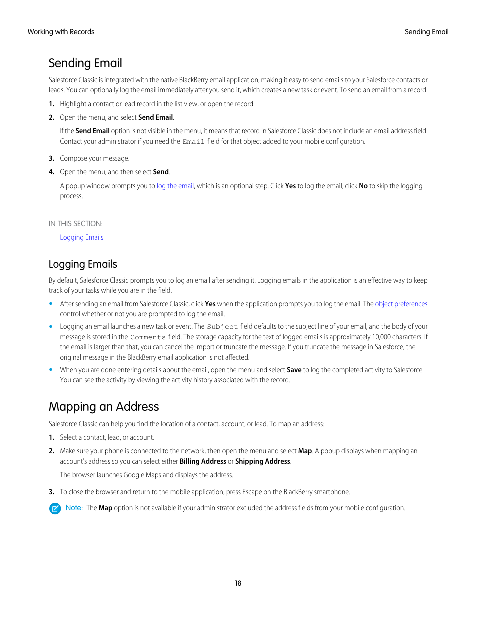 Sending email, Logging emails, Mapping an address | Send email | Blackberry Classic User Manual | Page 24 / 57