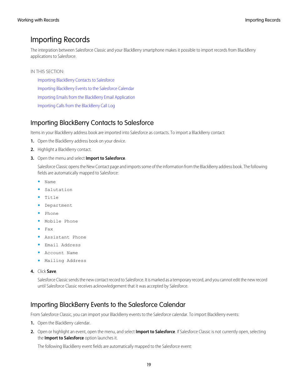 Importing records, Importing blackberry contacts to salesforce | Blackberry Classic User Manual | Page 25 / 57