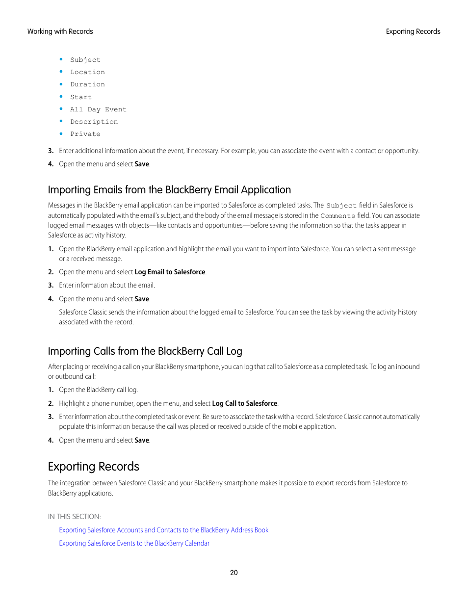 Importing calls from the blackberry call log, Exporting records, Messages | Blackberry Classic User Manual | Page 26 / 57