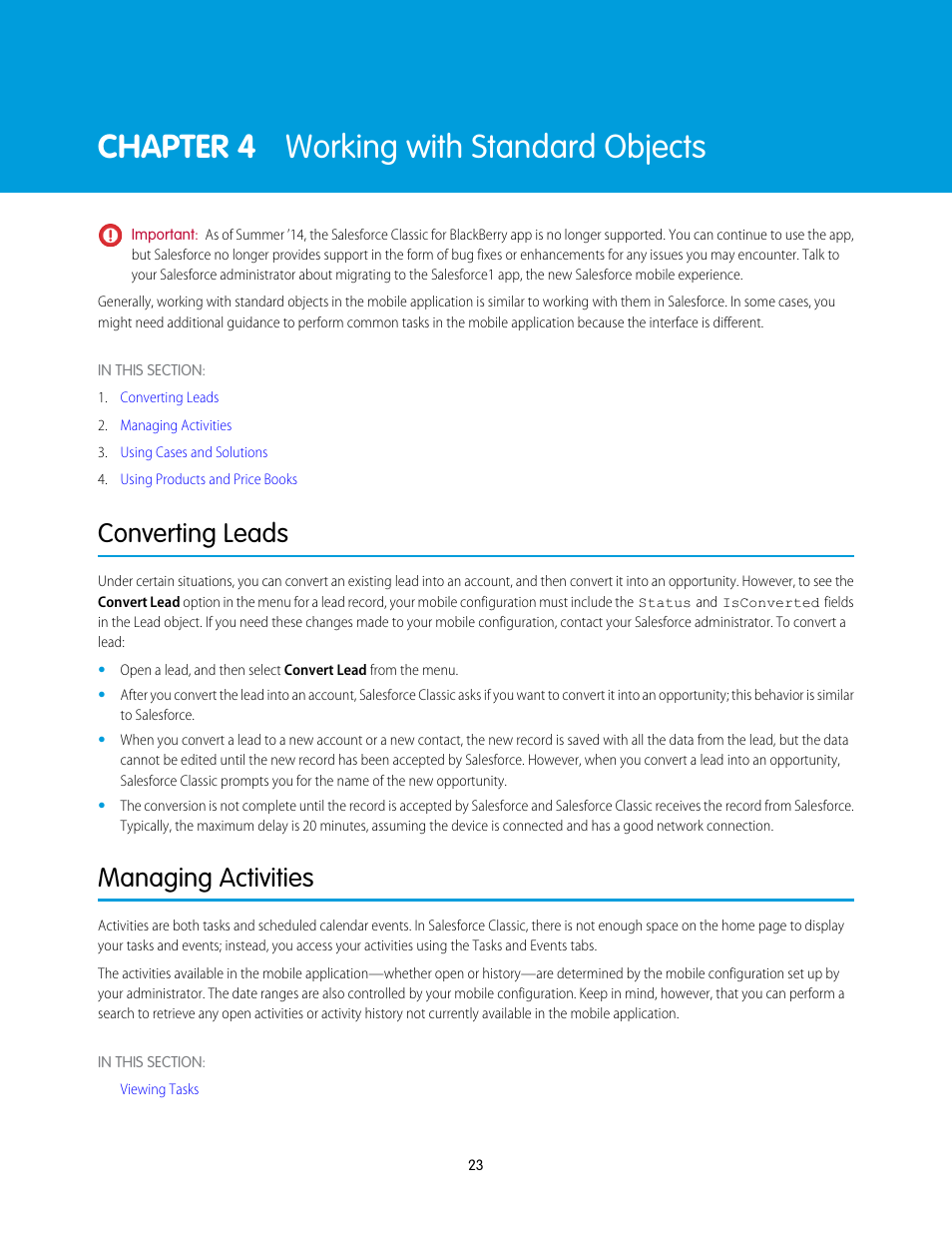 Working with standard objects, Converting leads, Managing activities | Chapter 4: working with standard objects, Chapter 4 working with standard objects | Blackberry Classic User Manual | Page 29 / 57