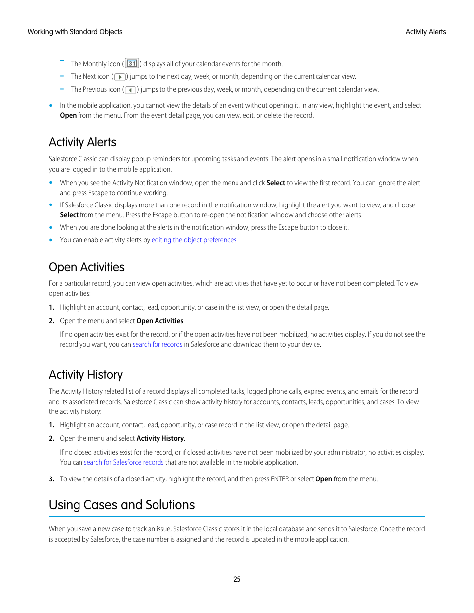 Activity alerts, Open activities, Activity history | Using cases and solutions | Blackberry Classic User Manual | Page 31 / 57