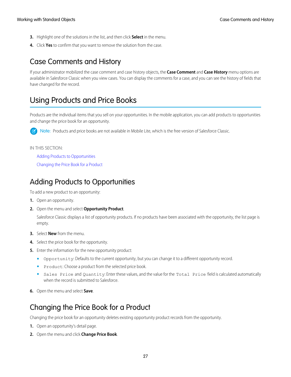 Case comments and history, Using products and price books, Adding products to opportunities | Changing the price book for a product | Blackberry Classic User Manual | Page 33 / 57