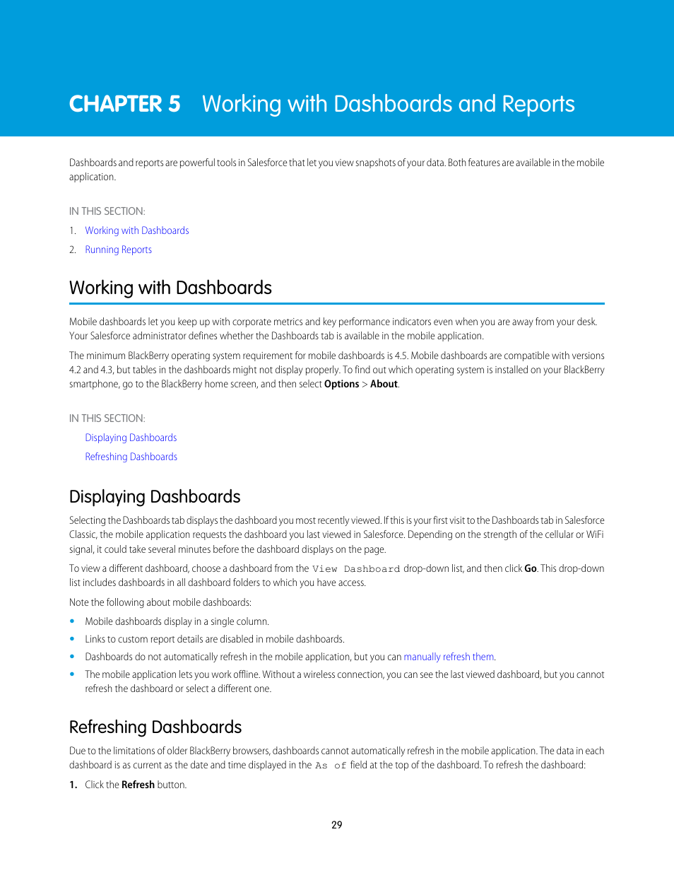 Working with dashboards and reports, Working with dashboards, Displaying dashboards | Refreshing dashboards, Chapter 5: working with dashboards and reports, Dashboard tab, Chapter 5 working with dashboards and reports | Blackberry Classic User Manual | Page 35 / 57