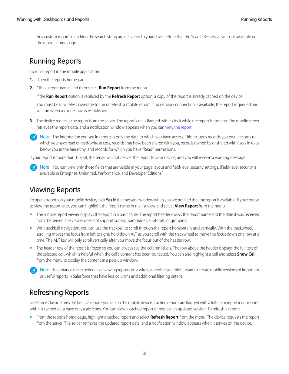 Running reports, Viewing reports, Refreshing reports | Blackberry Classic User Manual | Page 37 / 57