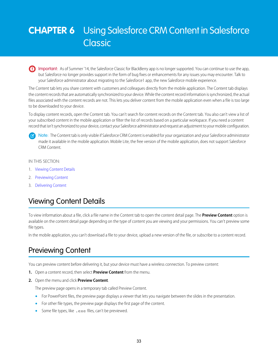 Using salesforce crm content in salesforce classic, Viewing content details, Previewing content | Blackberry Classic User Manual | Page 39 / 57