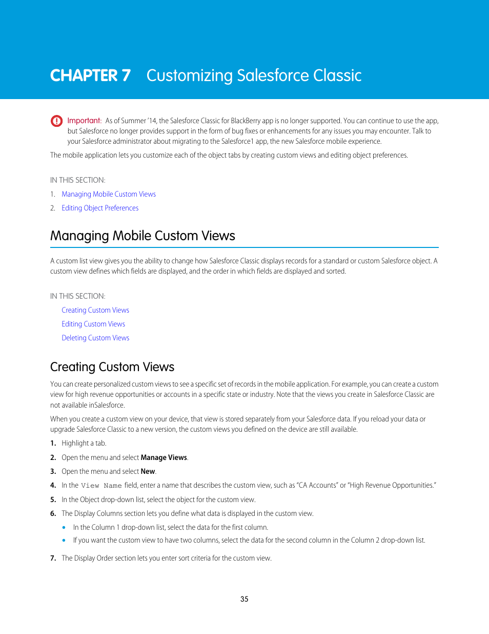 Customizing salesforce classic, Managing mobile custom views, Creating custom views | Chapter 7: customizing salesforce classic, Manage views, Custom views, Chapter 7 customizing salesforce classic | Blackberry Classic User Manual | Page 41 / 57