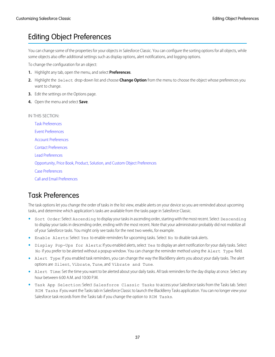 Editing object preferences, Task preferences, Preferences | Edit the object preferences, You can enable activity alerts by, Editing the object preferences | Blackberry Classic User Manual | Page 43 / 57