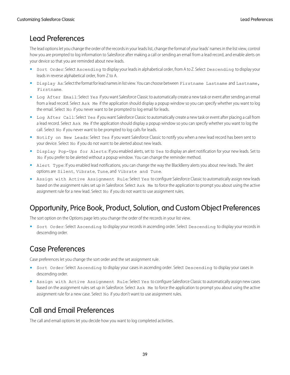 Lead preferences, Case preferences, Call and email preferences | Object, Preferences, Edit the preferences, Object preferences, Editing the case preferences | Blackberry Classic User Manual | Page 45 / 57