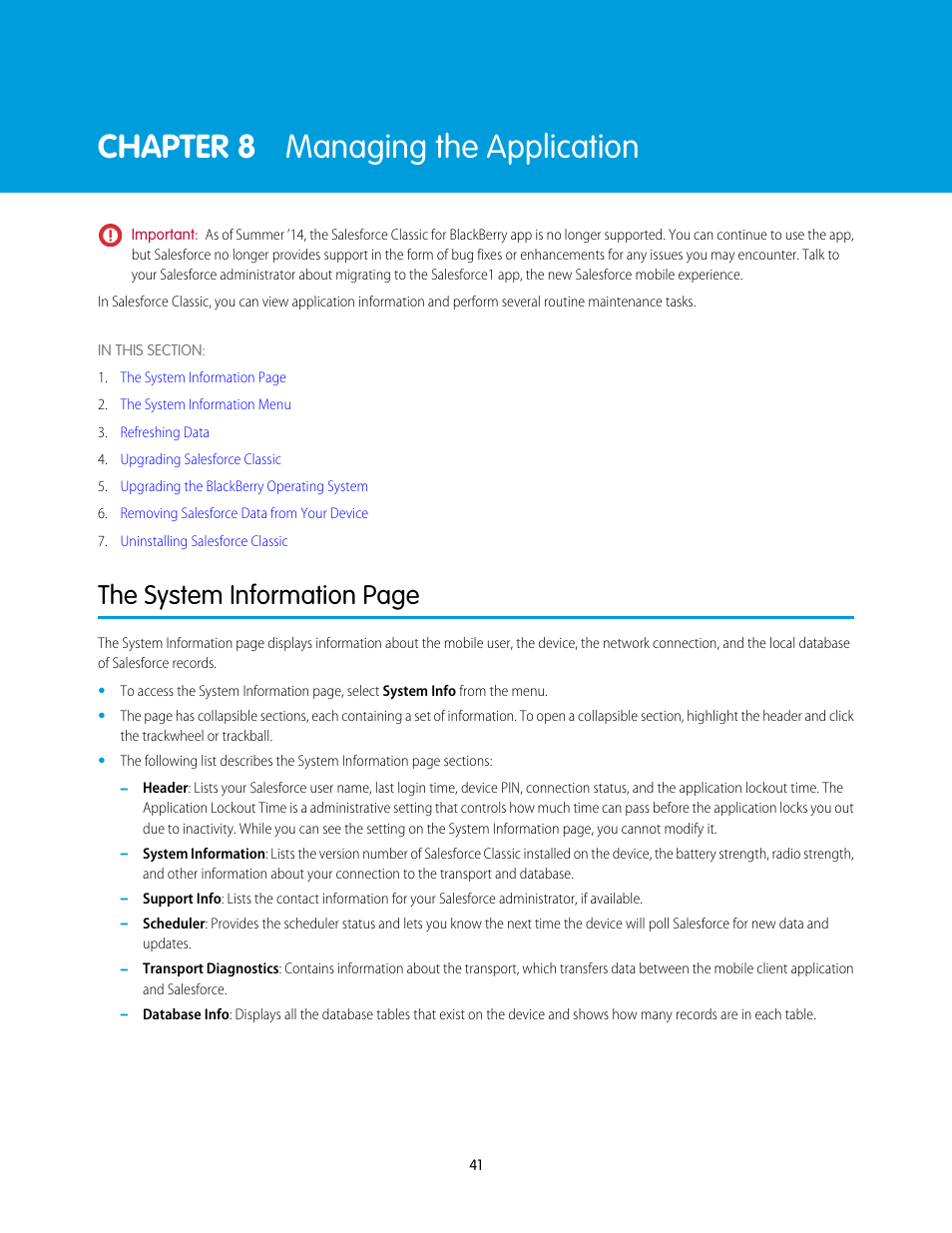 Managing the application, Chapter 8: managing the application, System info | Chapter 8 managing the application, The system information page | Blackberry Classic User Manual | Page 47 / 57