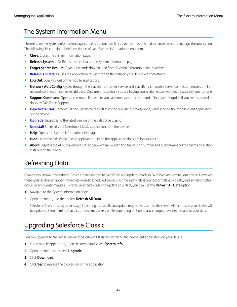 The system information menu, Refreshing data, Upgrading salesforce classic | Blackberry Classic User Manual | Page 48 / 57