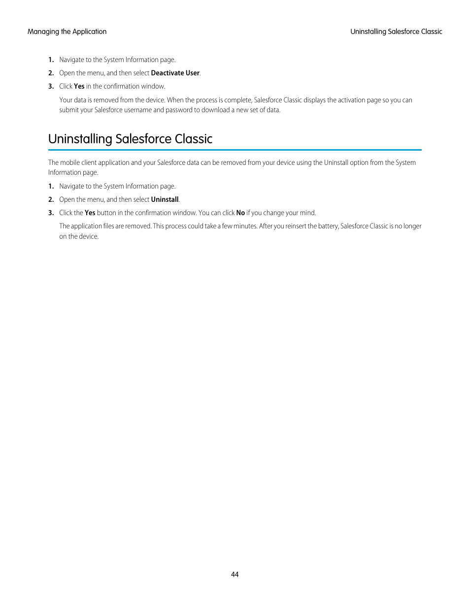 Uninstalling salesforce classic, Uninstall, Uninstalls the | Blackberry Classic User Manual | Page 50 / 57