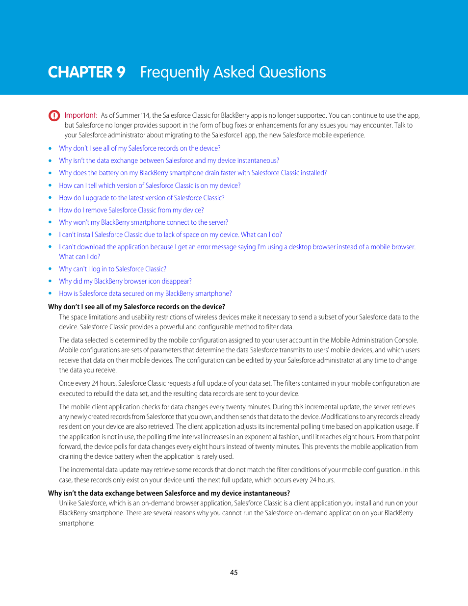 Frequently asked questions, Chapter 9: frequently asked questions, Periodically, your device | Synchronizes with salesforce, Chapter 9 frequently asked questions | Blackberry Classic User Manual | Page 51 / 57