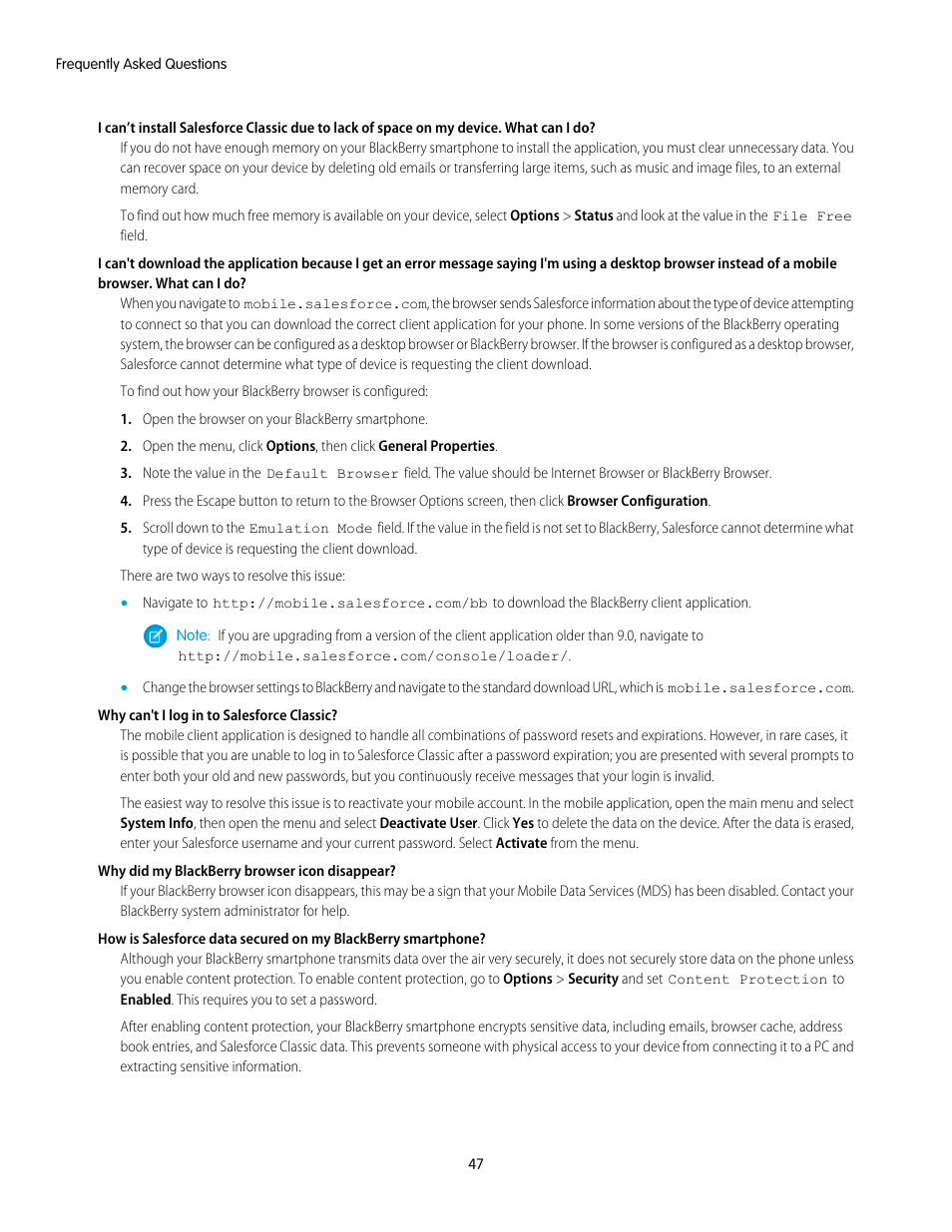 Why can't i log in to salesforce classic, Why did my blackberry browser icon disappear | Blackberry Classic User Manual | Page 53 / 57