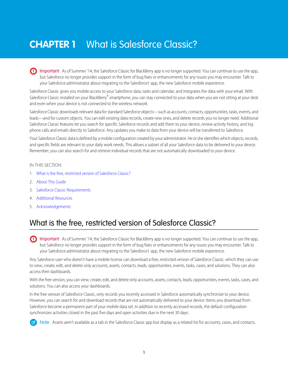 What is salesforce classic, Chapter 1: what is salesforce classic, Chapter 1 what is salesforce classic | Blackberry Classic User Manual | Page 7 / 57