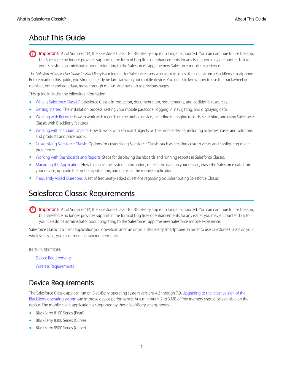 About this guide, Salesforce classic requirements, Device requirements | Blackberry Classic User Manual | Page 8 / 57