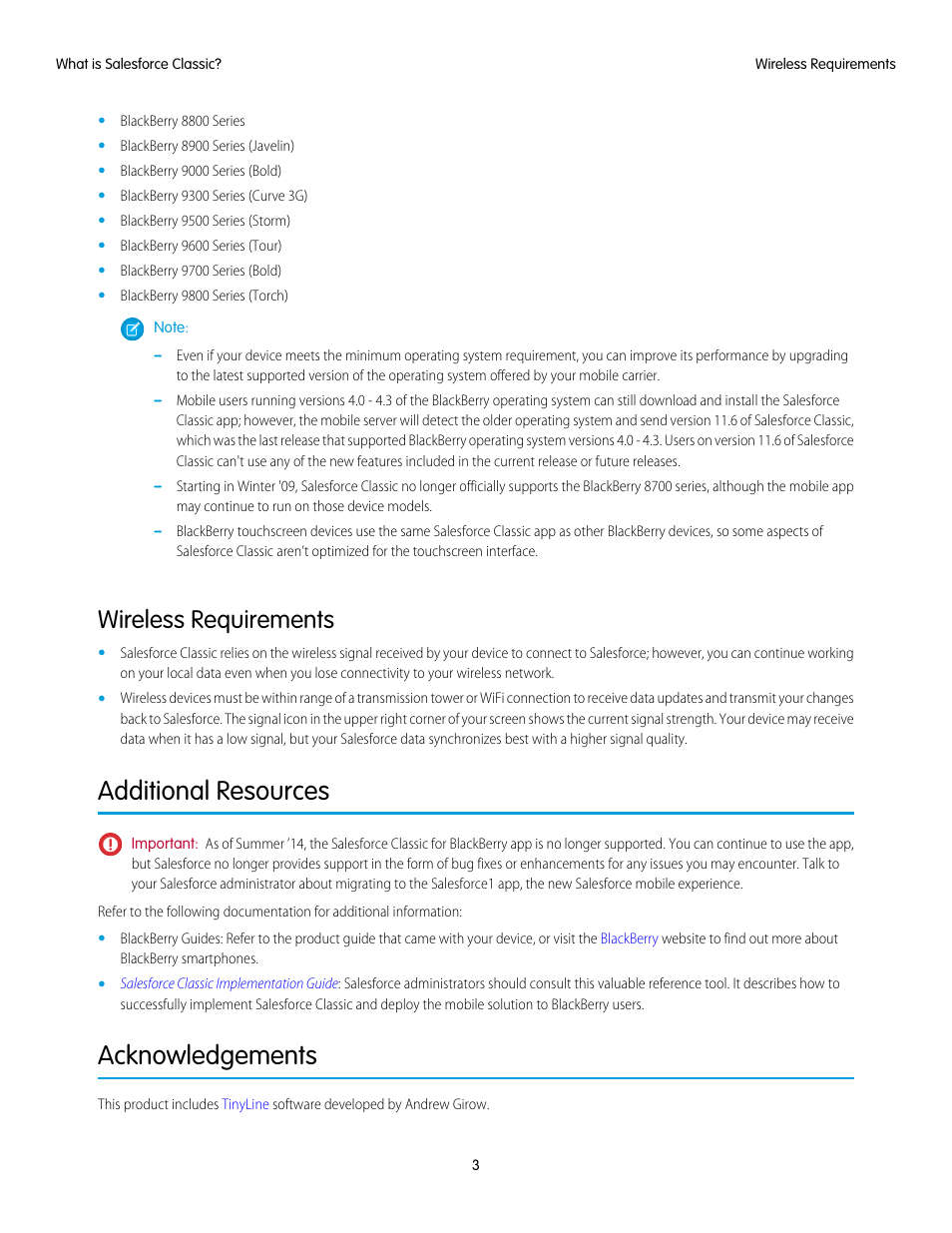 Wireless requirements, Additional resources, Acknowledgements | Blackberry Classic User Manual | Page 9 / 57