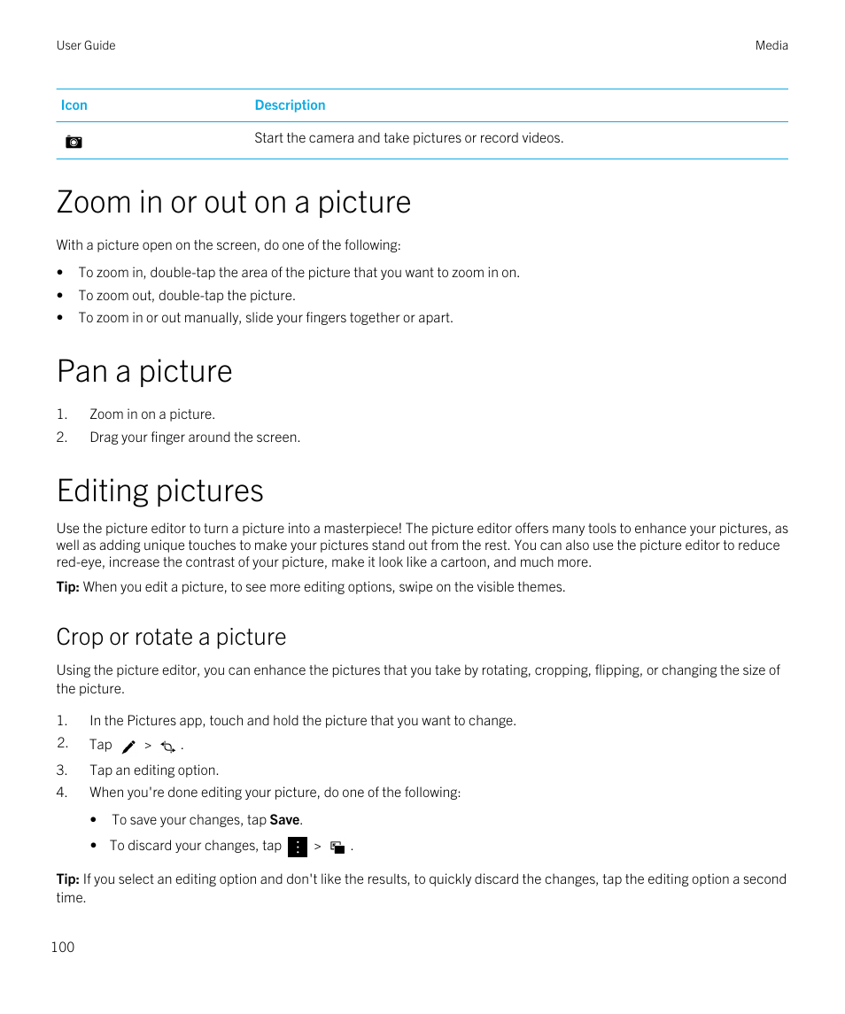 Zoom in or out on a picture, Pan a picture, Editing pictures | Crop or rotate a picture | Blackberry Passport User Manual | Page 100 / 278