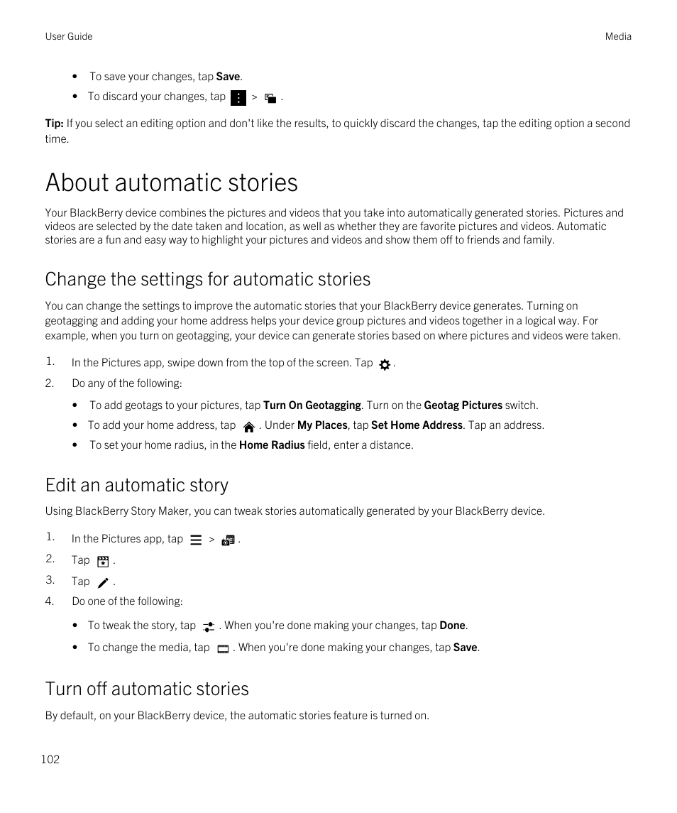 About automatic stories, Change the settings for automatic stories, Edit an automatic story | Turn off automatic stories | Blackberry Passport User Manual | Page 102 / 278