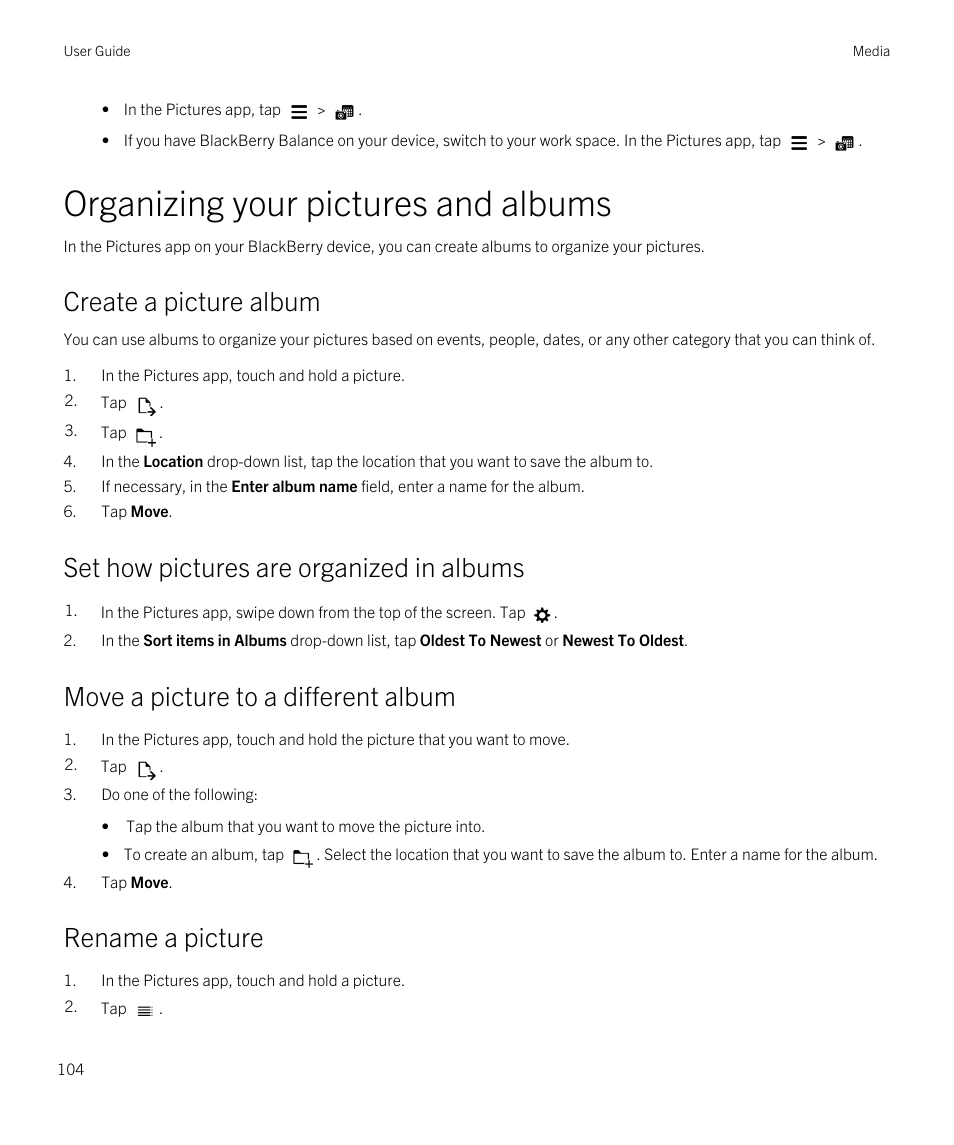 Organizing your pictures and albums, Create a picture album, Set how pictures are organized in albums | Move a picture to a different album, Rename a picture | Blackberry Passport User Manual | Page 104 / 278