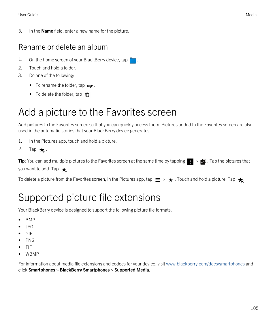 Rename or delete an album, Add a picture to the favorites screen, Supported picture file extensions | Blackberry Passport User Manual | Page 105 / 278
