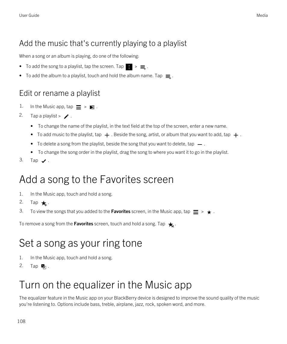 Edit or rename a playlist, Add a song to the favorites screen, Set a song as your ring tone | Turn on the equalizer in the music app | Blackberry Passport User Manual | Page 108 / 278