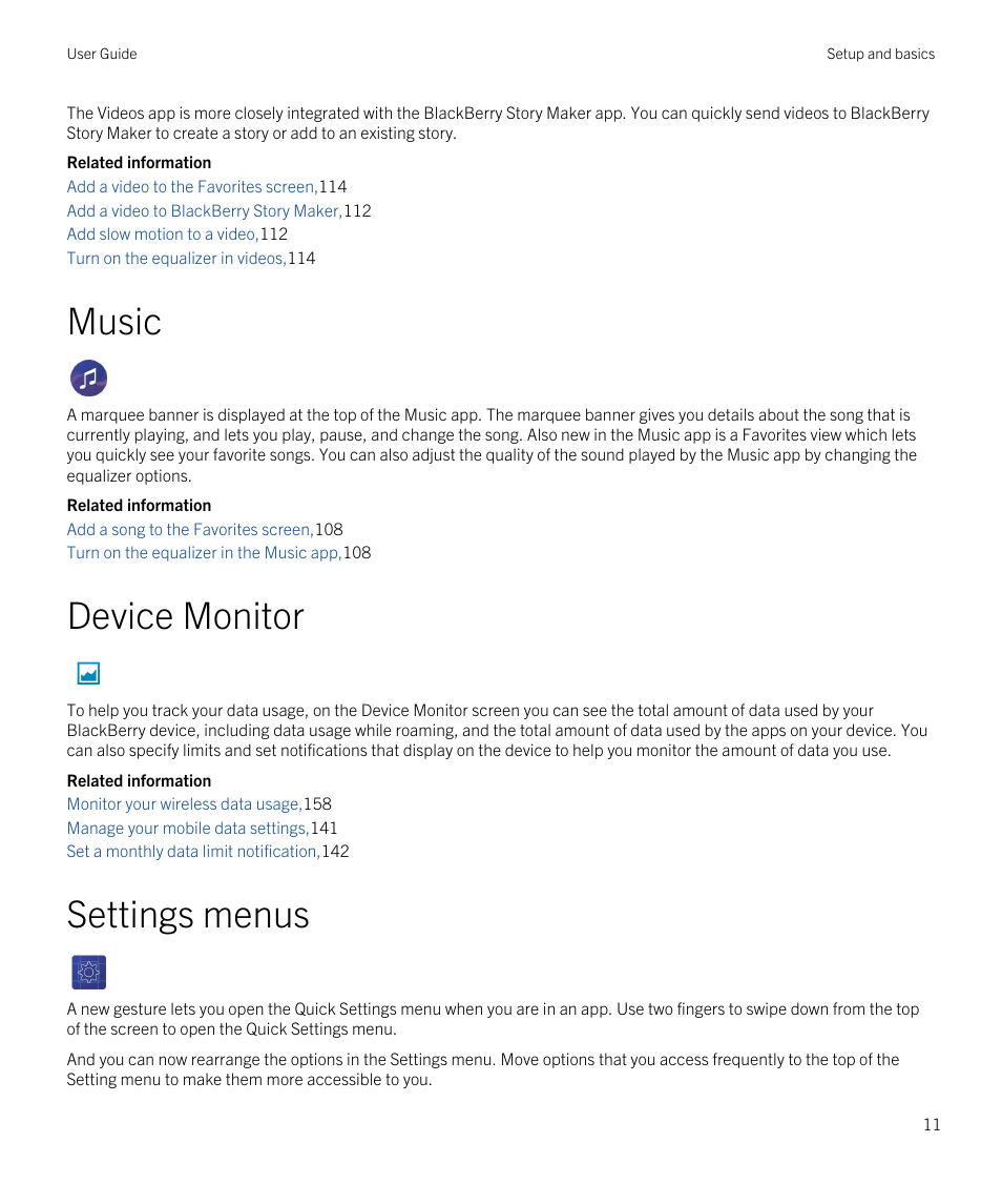 Music, Device monitor, Settings menus | Blackberry Passport User Manual | Page 11 / 278