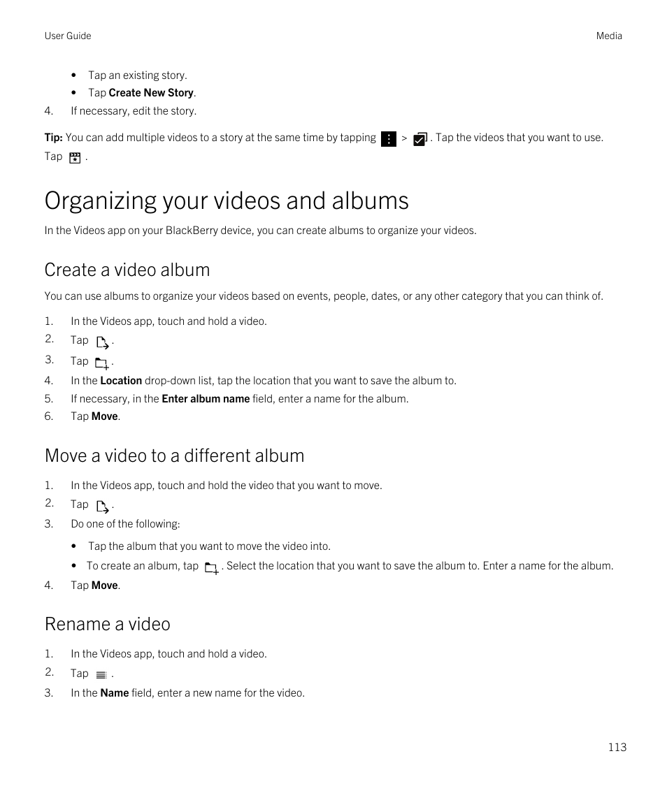 Organizing your videos and albums, Create a video album, Move a video to a different album | Rename a video | Blackberry Passport User Manual | Page 113 / 278