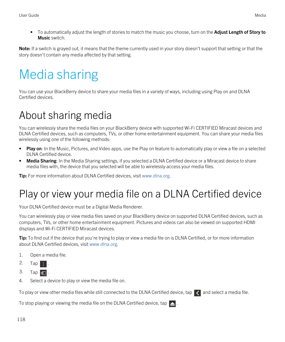 Media sharing, About sharing media | Blackberry Passport User Manual | Page 118 / 278