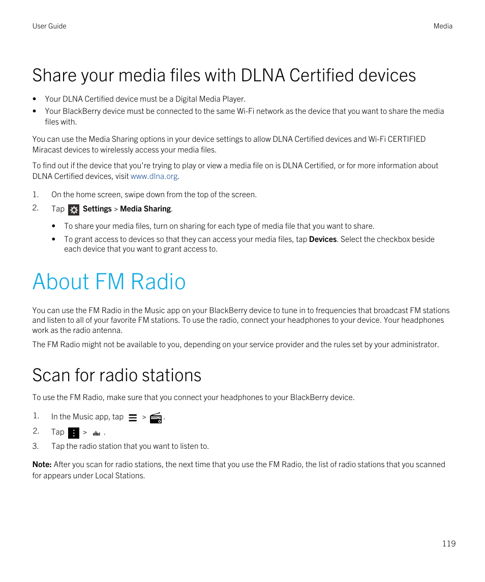 Share your media files with dlna certified devices, About fm radio, Scan for radio stations | Blackberry Passport User Manual | Page 119 / 278