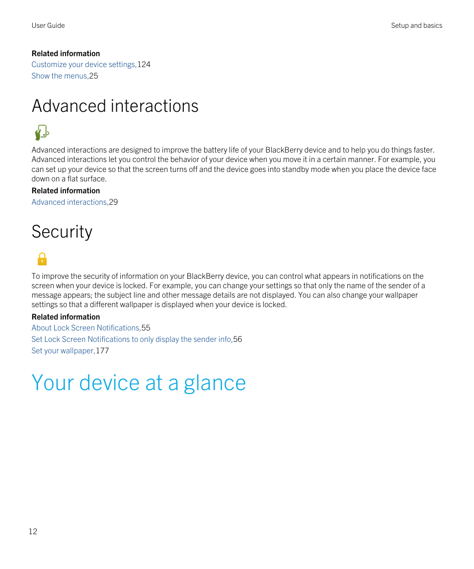 Your device at a glance, Advanced interactions, Security | Blackberry Passport User Manual | Page 12 / 278