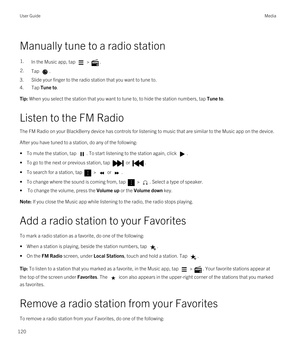 Manually tune to a radio station, Listen to the fm radio, Add a radio station to your favorites | Remove a radio station from your favorites | Blackberry Passport User Manual | Page 120 / 278