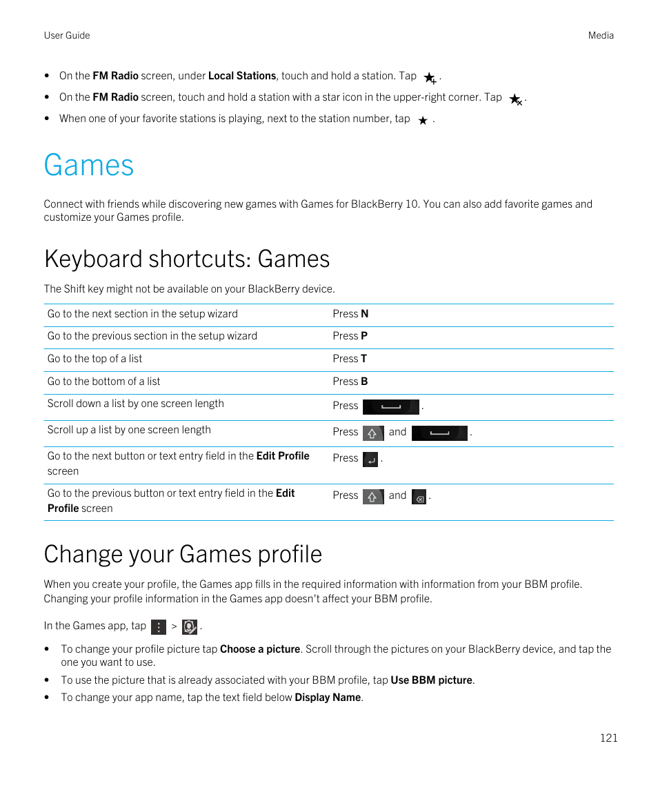 Games, Keyboard shortcuts: games, Change your games profile | Blackberry Passport User Manual | Page 121 / 278