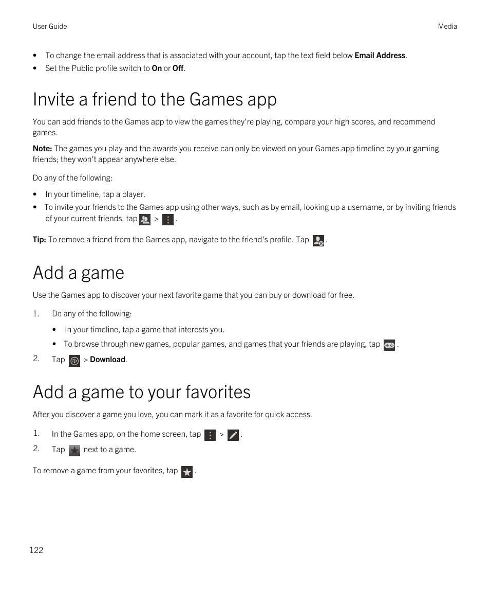 Invite a friend to the games app, Add a game, Add a game to your favorites | Blackberry Passport User Manual | Page 122 / 278