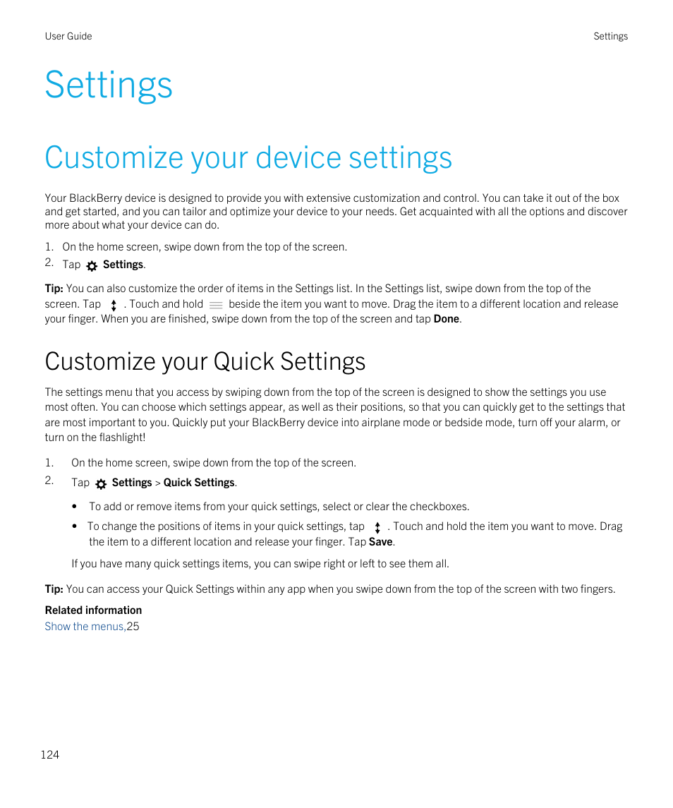 Settings, Customize your device settings, Customize your quick settings | Blackberry Passport User Manual | Page 124 / 278