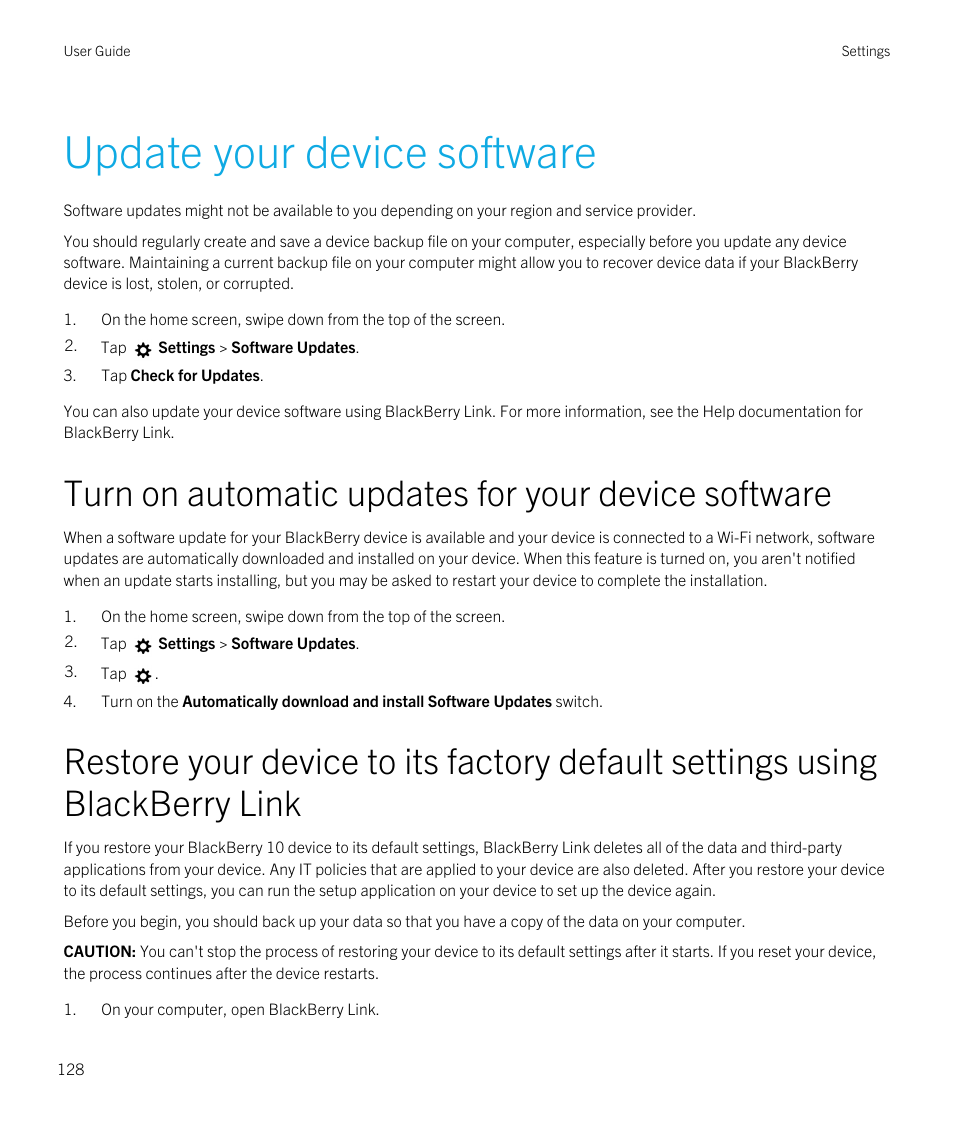 Update your device software, Turn on automatic updates for your device software | Blackberry Passport User Manual | Page 128 / 278