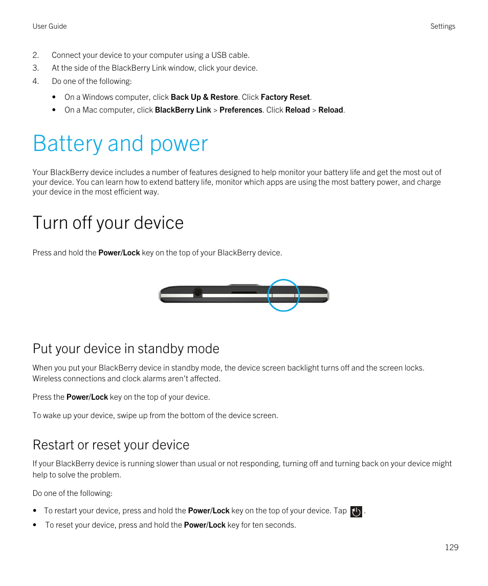 Battery and power, Turn off your device, Put your device in standby mode | Restart or reset your device | Blackberry Passport User Manual | Page 129 / 278