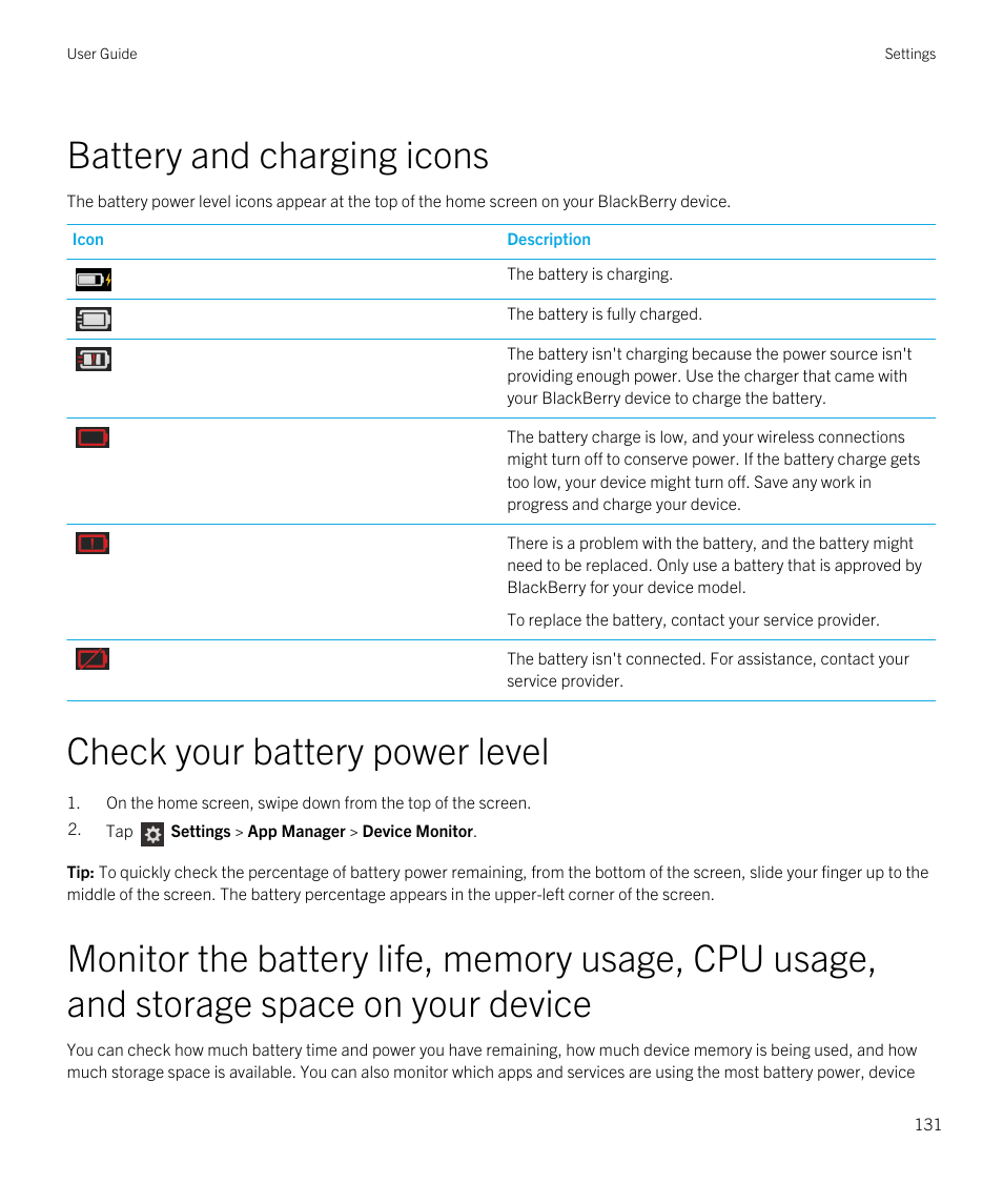 Battery and charging icons, Check your battery power level | Blackberry Passport User Manual | Page 131 / 278