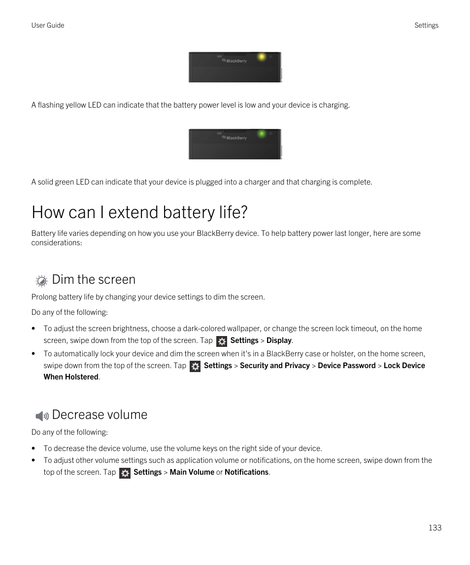 How can i extend battery life, Dim the screen, Decrease volume | Blackberry Passport User Manual | Page 133 / 278